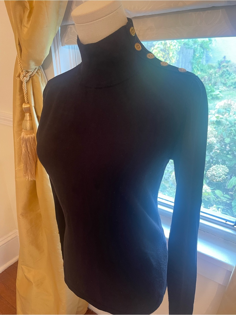 Black Mock Neck Long-Sleeve Sweater with Shoulder Buttons